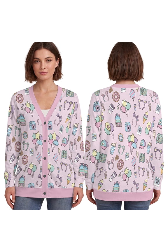 Cute Pastel Icons Cardigan, Donut Candy Balloon Pattern Knitted Cardigan, Summer Park Icons Knit Sweater