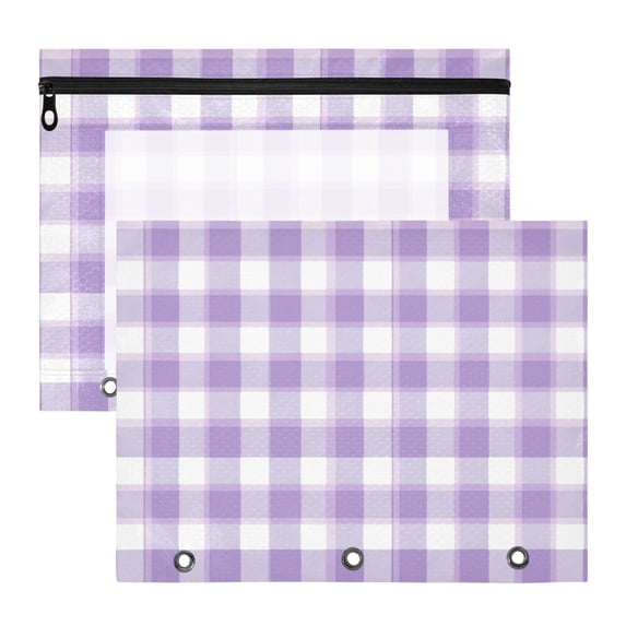 Cute Pastel Lavender Gingham Pattern 3-Ring Binder Pocket with Zipper Pencil Pouches A4 Size File Storage 2 Packs