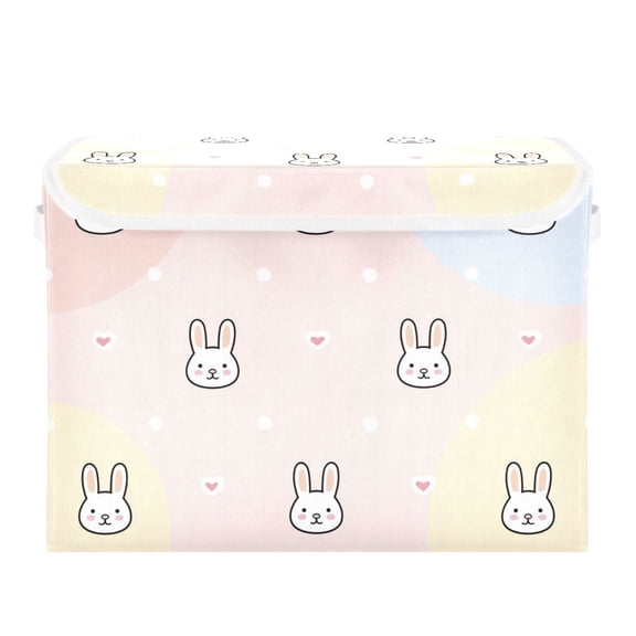 Cute Pastel Polka Dots Hearts Rabbit Valentine Foldable Storage Bins with Lids Handles Collapsible Storage Containers Tote Boxes 16.5 x 12.6 x 11.8 inches