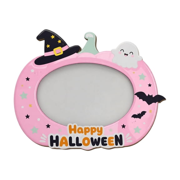 Cute Pastel Pumpkin Wooden Photo Frame,Cartoon Ghost Bat Witch Hat Halloween Tabletop Picture Frame for Tiered Tray Mantel Farmhouse Decor