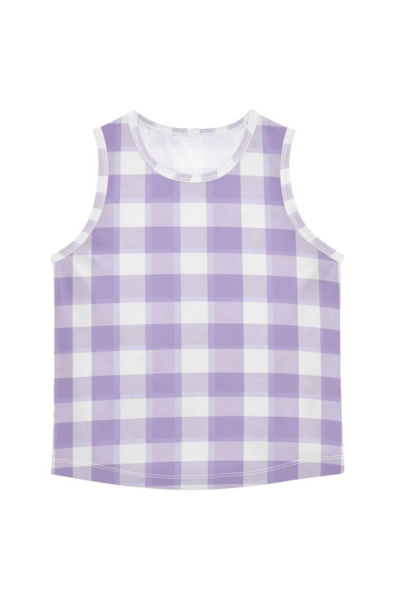 Cute Pastel Purple Gingham Pattern Vest Undershirt Tank Top Sleeveless Quick Dry 6Y