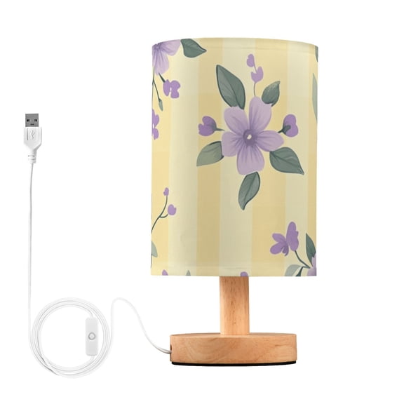 Cute Pastel Yellow Plaids Purple Florals Table Lamp with USB Port LED Warm Light Lamp Night Light Home Decor