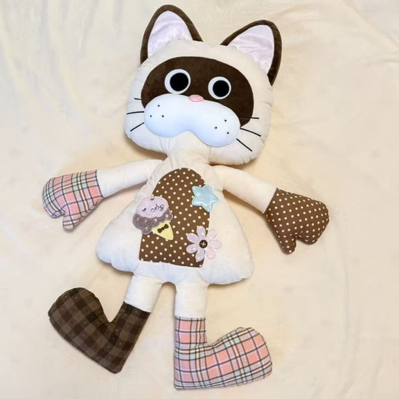 Cute Patchwork Cat Plush Toy Soft Stuffed Animal Doll Comfort Companion Gift for Kids