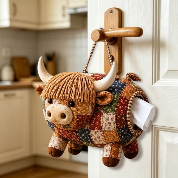 Cute Patchwork Farm Animal Hanging Tissue Storage Bag Handmade Cloth Wall Tissue Box Pig Sheep Highland Cow Shape Rustic Home Kitchen Bathroom Accessory
