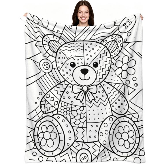 Cute Patchwork Teddy Bear Flannel Blanket, Cozy Warm Soft Fluffy, Adorable Zentangle Bear Decor for Bed Sofa Couch, Perfect Snuggle Throw for Bedroom Living Room Relaxing
