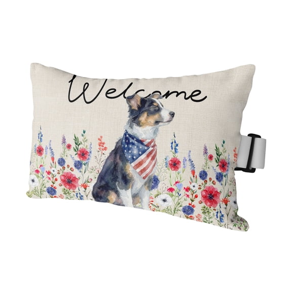 Cute Patriotic Dog Outdoor Pillows for Chaise Lounge Chair Waterproof Lumbar Pillows with Insert&Adjustable Strap Beach Headrest Pillow America Star Striped Flag Floral Beige Pool Pillow 11"x16"