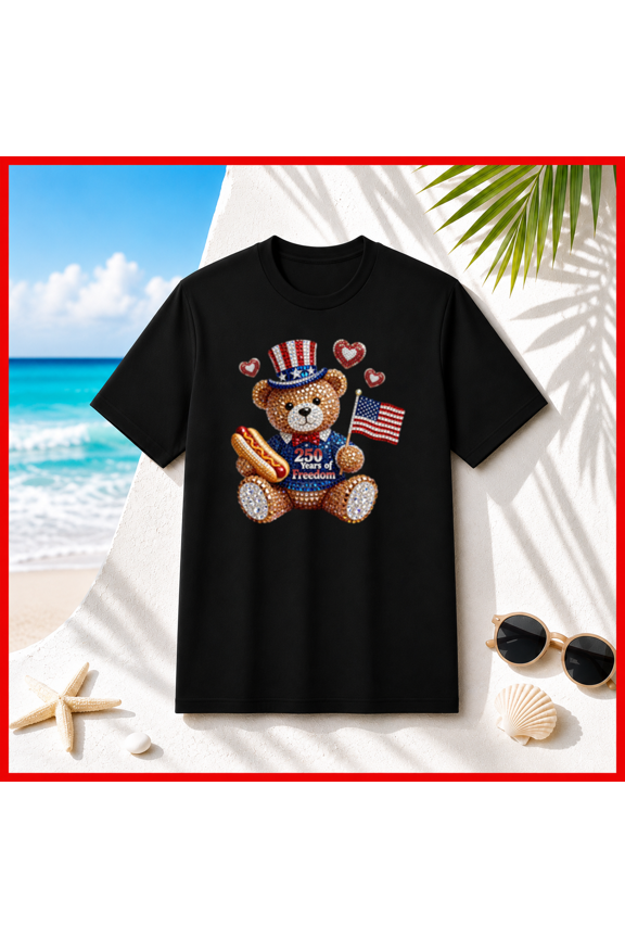 Cute Patriotic Teddy Bear 250 Years of Freedom Unisex T-Shirt T1512, S-5XL