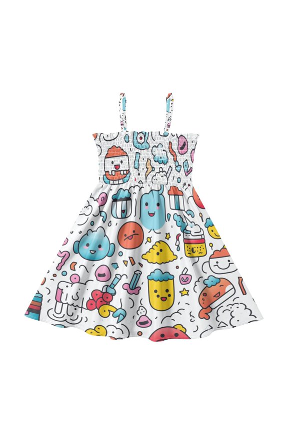Cute Pattern Design Girls' Casual Dresses 2Y-8Y Sleeveless Ruffle Neck for Summer Daily Wear