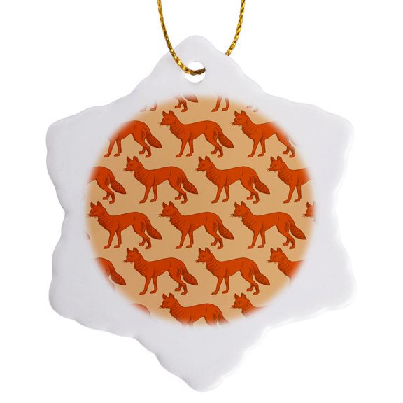 3drose, Cute Pattern Orange Foxes on Orange Background, 3 inch Snowflake Porcelain Ornament