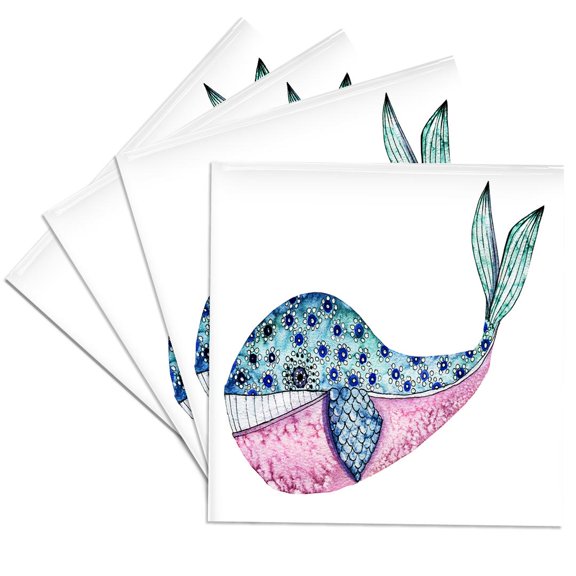 3drose, Cute Patterned Whale Illustration, Set of 4 Ceramic Tile Coasters