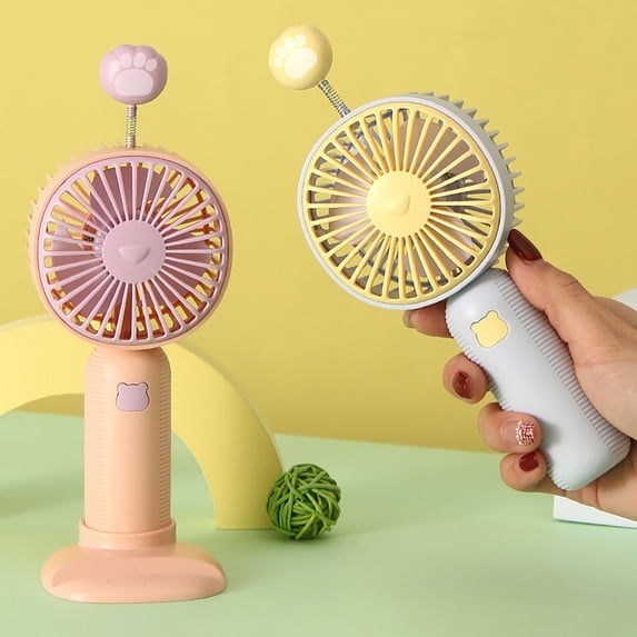 Cute Paw 2-in-1 Rechargeable Handheld Fan with Phone Stand & Base, Portable Mini Desk Fan for Office & Travel