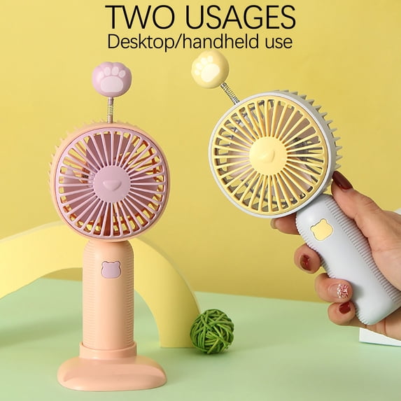 Cute Paw 2-in-1 Rechargeable Handheld Fan with Phone Stand & Base, Portable Mini Desk Fan for Office & Travel