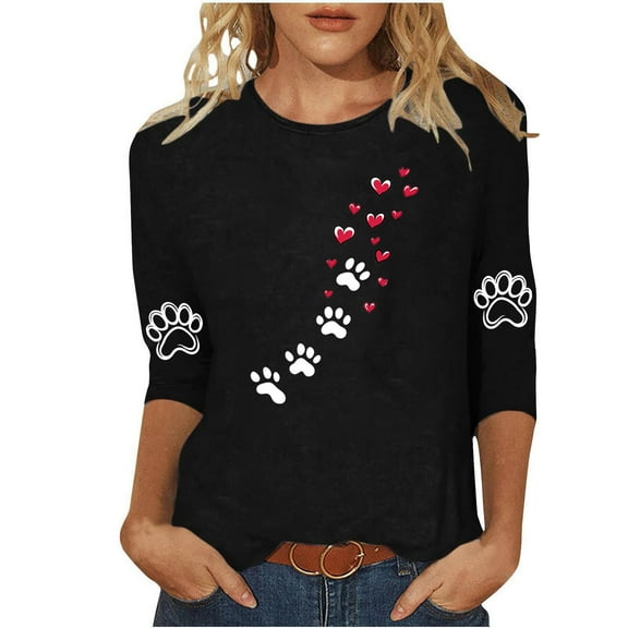 Cute Paw Heart Shirt Women's 3/4 Sleeve Tshirts Crewneck Pullover Top Casual Blouse Trendy Clothing