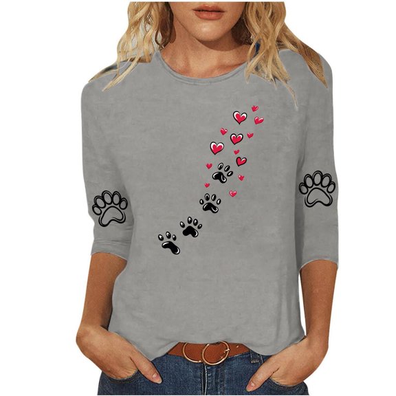 Cute Paw Heart Shirt Women's 3/4 Sleeve Tshirts Crewneck Pullover Top Casual Blouse Trendy Clothing