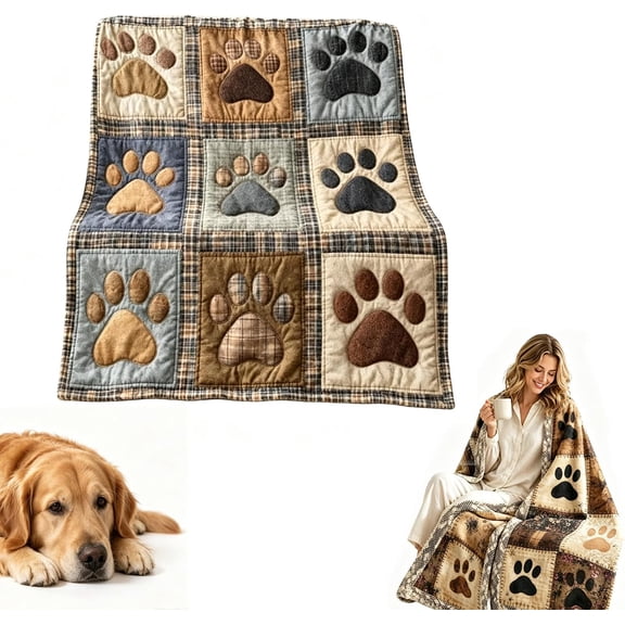 Cute Paw Print Soft Flannel Blanket, Cozy Dog Paw Patchwork Throw, Soft Flannel Throw Blanket Series, Patchwork Paw Design Plush Fleece Cover, Cozy Couch Sofa Bed Lounging