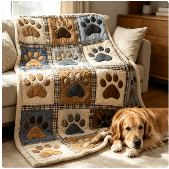 Cute Paw Print Soft Flannel Blanket, Cozy Dog Paw Patchwork Throw, Soft Flannel Throw With Patchwork Checkerboard Design, Lightweight Cozy Warmth For Sofa