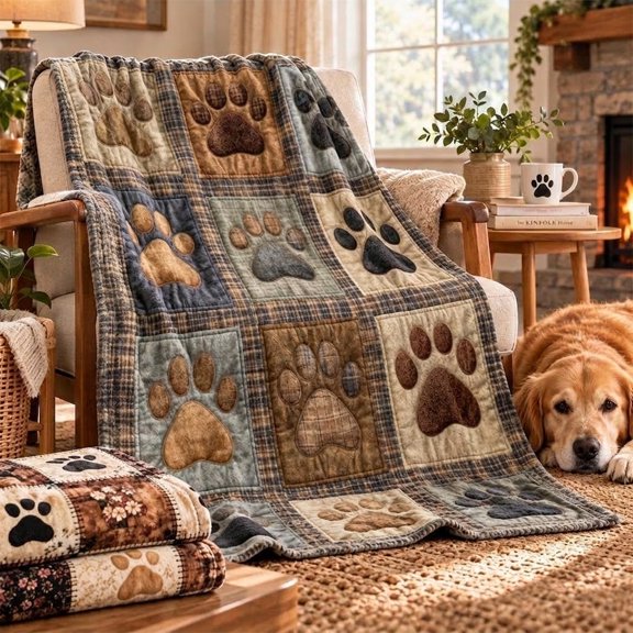 Cute Paw Print Soft Flannel Blanket, Lightweight Vintage Patchwork Throw for Bedroom, Sofa and Travel Use