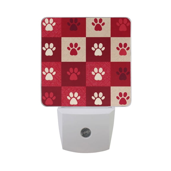 Cute Paw Print in Red Checkerboard LED Night Light Sensor Lamp Plug-in Adjustable Brightness 2 Pack