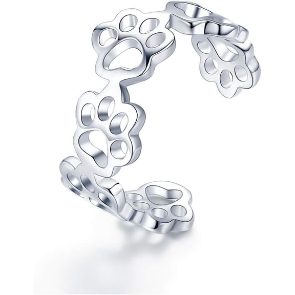 Cute Paw Puppy Dog Open Finger Rings Sterling Silver 925 Adjustable Lovely Pet Animal Cat Print Statement Promise Ring Engagement Wedding Band Toe Ring Minimalist Jewelry for Women