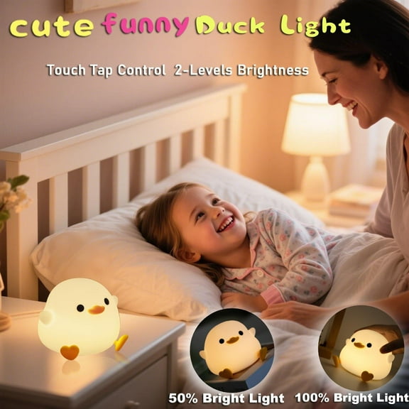 Cute Pea Duck Night Light,Duck Lamp,2 Levels Dimmable Silicone Ducky Light,LED Squishy Animal Light for Kids Sleep,Rechargeable Bedside Touch Lamp, Kids Room Decor Gift Toy