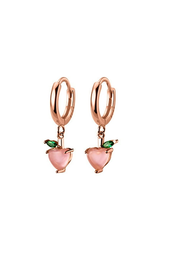 Cute Peach Dangle Hoop Earrings Sterling Silver Rose Gold Crystal Fruit Hoops for Women
