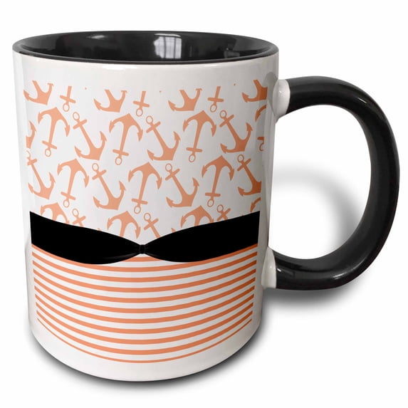 3drose, Cute Peach Sailing Anchors and Stripes with a Black Ribbon Look, 15oz Two-tone Black Mug