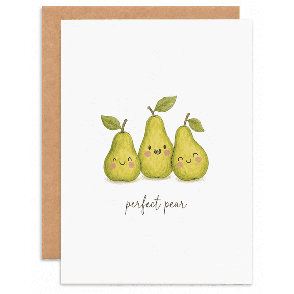 Cute Pear Greeting Card, Perfect Pear Card, Handmade Style Fruit Pun Card, Blank Inside With Kraft Envelope