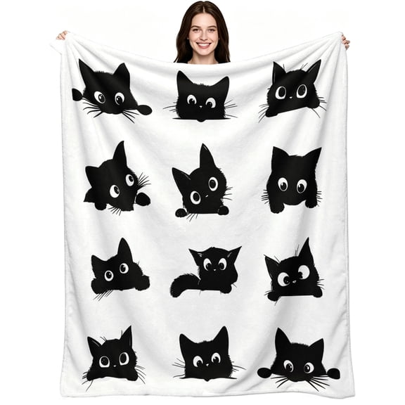 Cute Peeking Black Cat Flannel Fleece Blanket, Cozy Soft Warm Adorable Throw Blanket for Couch Sofa Bed Office, Decorative Comfy Blanket for Cat Lovers All Season Use
