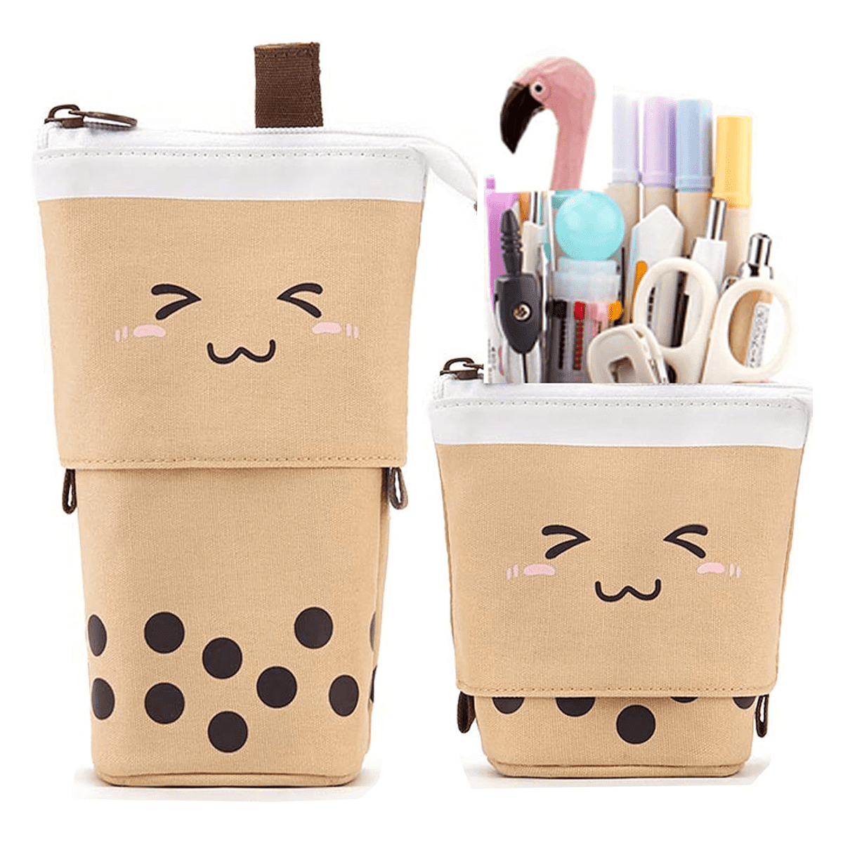Cute Pen Pencil Telescopic Holder Pop Up Stationery Case, Stand-up Transformer Bag with Smile Face Dot Organizer, Great for Cosmetics Pouch Makeup Bag