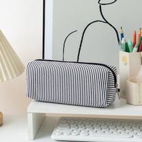 Cute_Pencil_Case Capacity_Pencil Pouch Pen Bag Office Stationery Organizer Simple Sturdy Stripe Canvas Organizer Bag Multifunctional Cosmetic Pouch Birthday Gifts(Black)