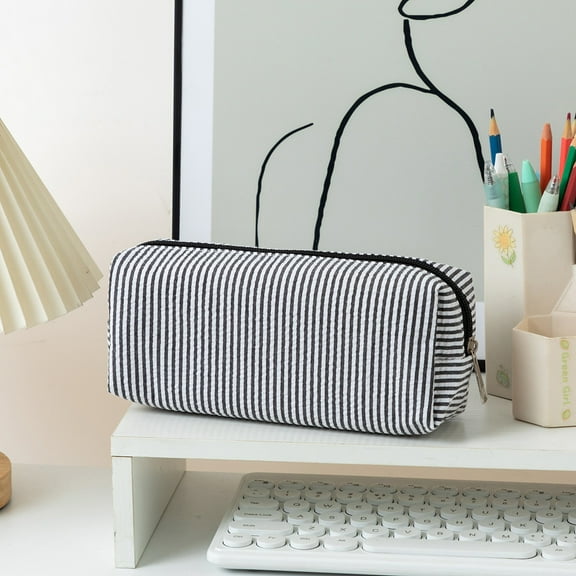 Cute_Pencil_Case Capacity_Pencil Pouch Pen Bag Office Stationery Organizer Simple Sturdy Stripe Canvas Organizer Bag Multifunctional Cosmetic Pouch Birthday Gifts(Black)