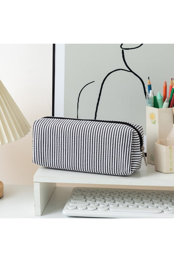 Cute_Pencil_Case Capacity_Pencil Pouch Pen Bag Office Stationery Organizer Simple Sturdy Stripe Canvas Organizer Bag Multifunctional Cosmetic Pouch Birthday Gifts(Black)