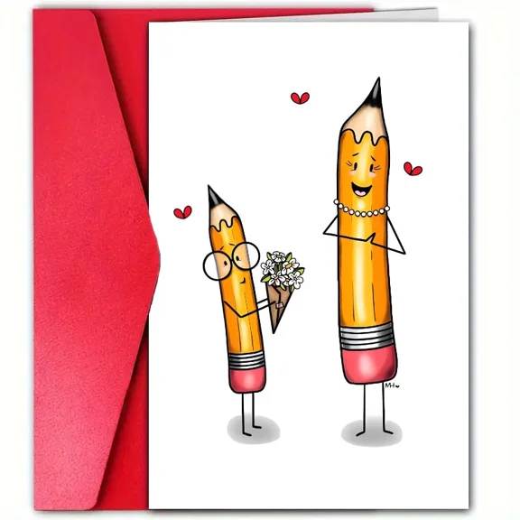 Cute Pencil Couple Greeting Card – Adorable Love Illustration with Red Envelope – Perfect for Anniversaries, Valentine’s Day, or Romantic Gestures