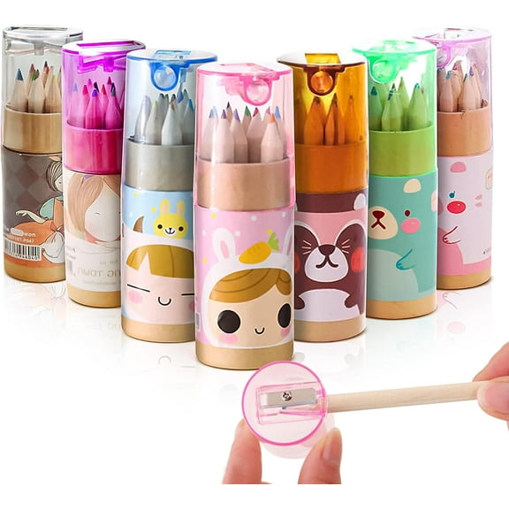 Cute Pencil Sharpener, Kawaii Manual Pencil Cutter,Mini Drawing Colored Pencils with Sharpener, Handheld Cartoon Coloring Pencil Accessory School Supplies for Kid Artists Writing Sketching 7 Pcs