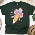 thumbnail image 1 of Cute Pencil with Pink Bow Teacher Shirt – Star Print Design, Forest Green, Size S, 1 of 6