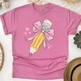 thumbnail image 1 of Cute Pencil with Pink Bow Teacher Shirt – Star Print Design, Heliconia, Size XL, 1 of 6