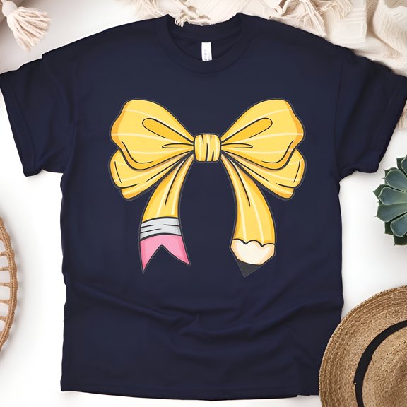 Cute Pencil with Pink Bow Teacher Shirt – Star Print Design, Navy, Size 3XL
