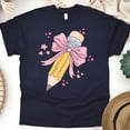 thumbnail image 1 of Cute Pencil with Pink Bow Teacher Shirt – Star Print Design, Navy, Size M, 1 of 6