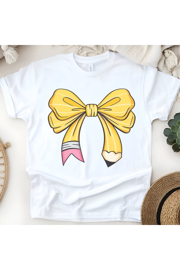 Cute Pencil with Pink Bow Teacher Shirt β Star Print Design, White, Size M