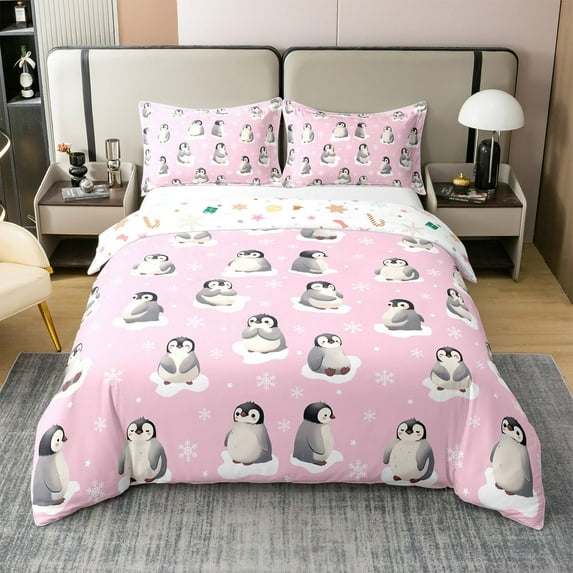 Cute Penguin 100% Cotton Duvet Cover Twin Size, Kawaii Snowflakes Comforter Cover, Cartoon Winter Animals Print Soft Bedding Set, Pink Antarctic Quilt Cover(No Comforter)