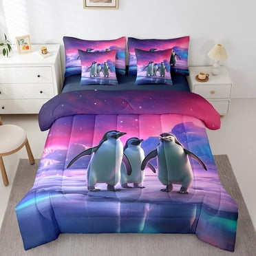 Cute Penguin Bed In A Bag Twin Comforter Set 7 Piece,Kawaii Antarctic Animals Bedding Sets Purple Pink Aurora Borealis Sheet Set with Comforter Dreamy Snow Mountain Bed Set
