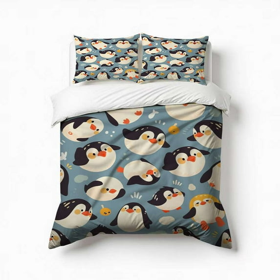 Cute Penguin Bedding Set 3 Pcs Soft Microfiber Quilt Cover For Bedroom Decor, Comforter Cover With 2 Pillowcase
