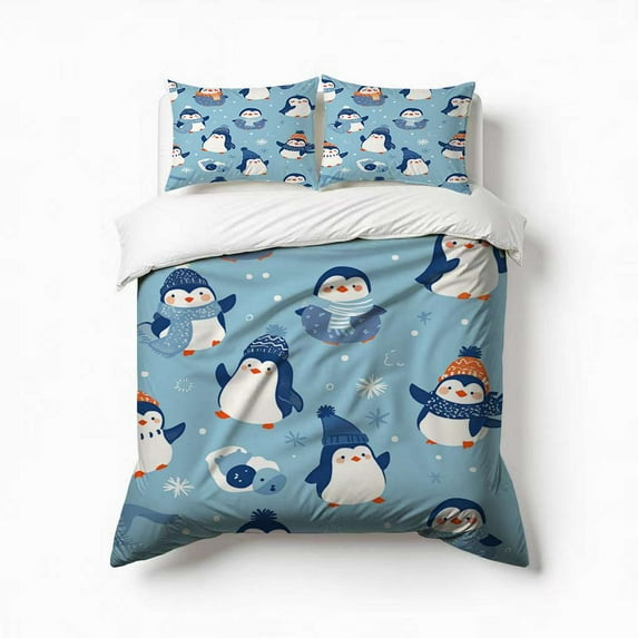 Cute Penguin Bedding Set 3 Pcs Soft Microfiber Quilt Cover For Bedroom Decor, Comforter Cover With 2 Pillowcase
