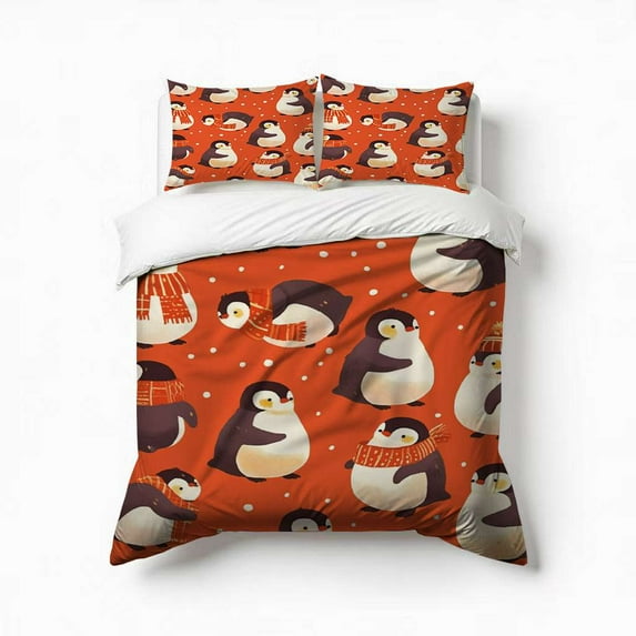 Cute Penguin Bedding Set 3 Pcs Soft Microfiber Quilt Cover For Bedroom Decor, Comforter Cover With 2 Pillowcase