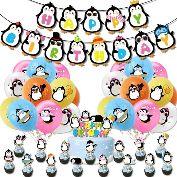 Cute Penguin Birthday Party Decoration, Penguin Party Supplies Include Penguin Happy Birthday Banner, Penguin Balloons, Penguin Cupcake Topper, Penguin Party Favors for Kids, Baby Shower
