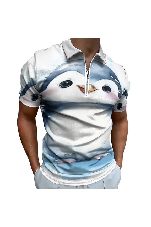 Cute Penguin Blue Men Zipper T-shirt Summer Casual Short Sleeve T-shirt Top