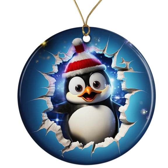Cute Penguin Cartoon Ceramic Ornament - Breakthrough 3D Effect Burst Illusion Kids Ornament - 3 Inch Christmas Tree Round Ornament - Xmas Holiday Decor - String Included - ORNW0066