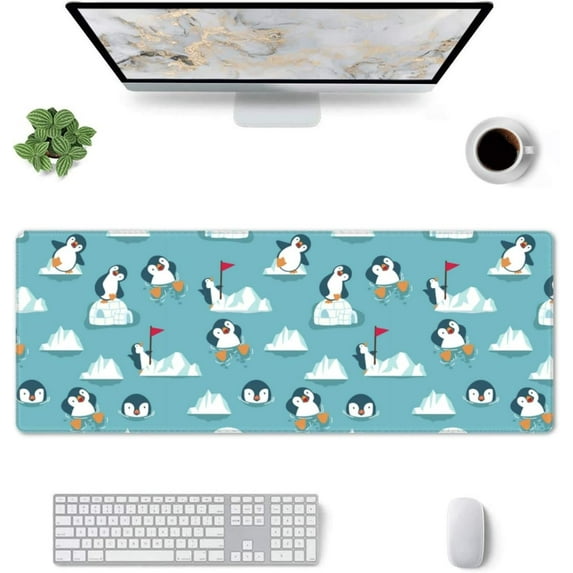 Cute Penguin Cartoon Gaming Mouse Pad Penguins Large Mouse Pad (31.5x11.8 Inch) Non-Slip Rubber Base Large Desk Mat Desk Protector for Home Office Gaming Work