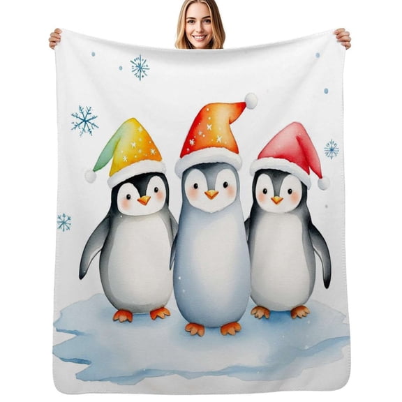 Cute Penguin Christmas Hat Soft Blanket Travel Bedding Throws Flannel Bedspread Sofa Bed Cover