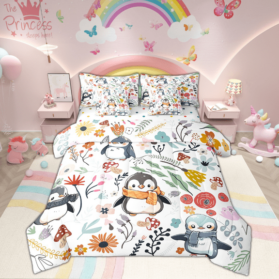 Cute Penguin Comforter Set 7 Piece Bed in a Bag Twin,Mushroom Floral Flowers Leaves Bedding Sets Cartoon Polar Animal Sheet Set with Comforter